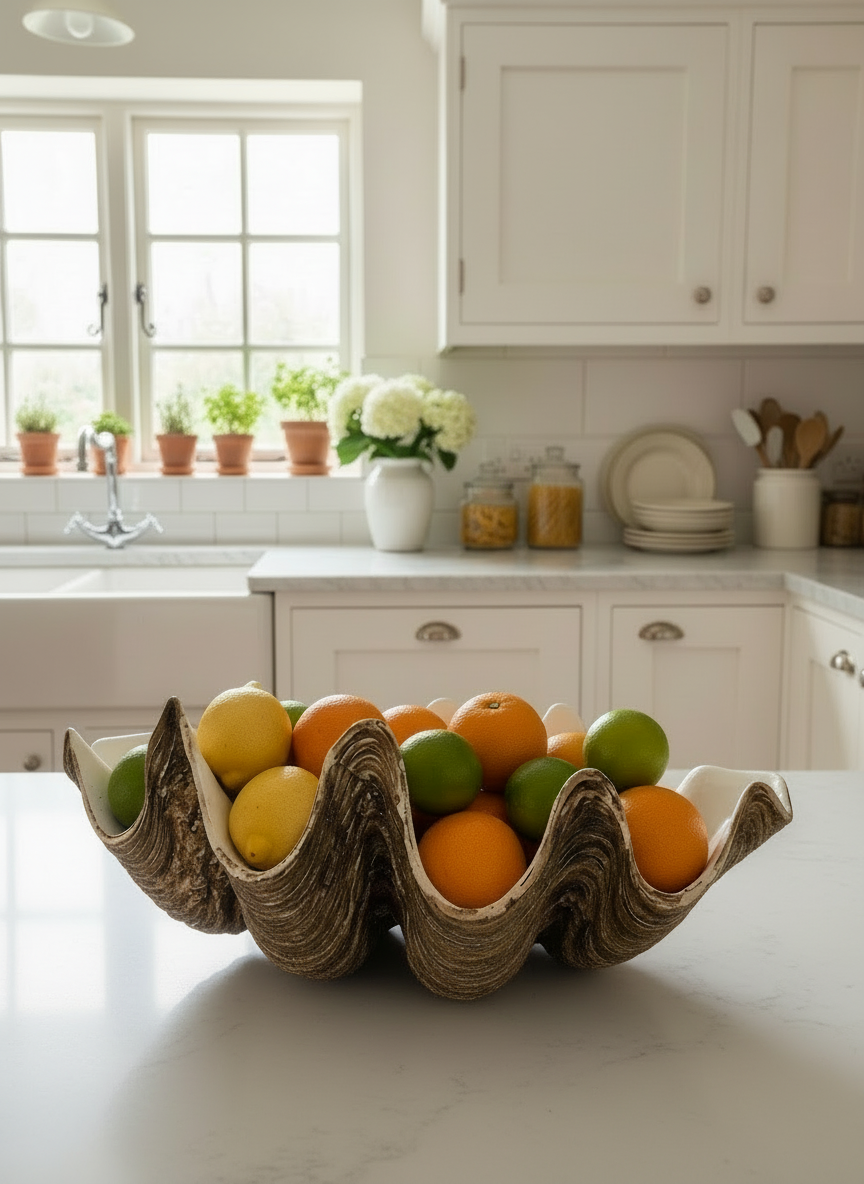 Fruit bowl shaped like a shell on a kitchen counter with wooden cabinets and potted plants in the background.