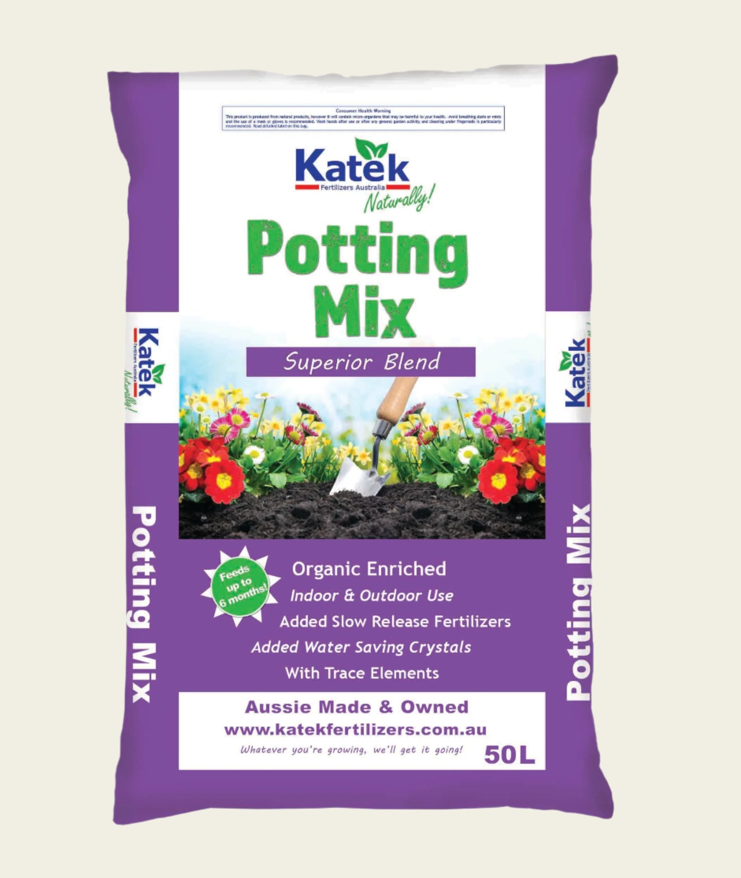 A bag of Katek Superior Blend Organic Enriched Potting Mix, 50 liters, with a colorful label featuring images of flowers and a shovel, indicating it is suitable for indoor and outdoor plants, with added trace elements and water-saving crystals.