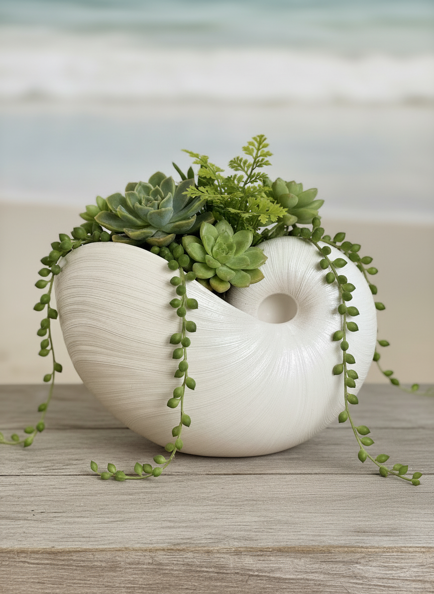 White ceramic vase with succulents and greenery on a wooden surface
