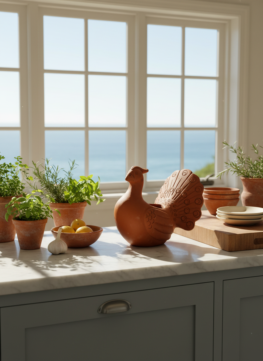 Kitchen counter with terracotta pots, a rooster sculpture, and a view of the ocean through large windows.