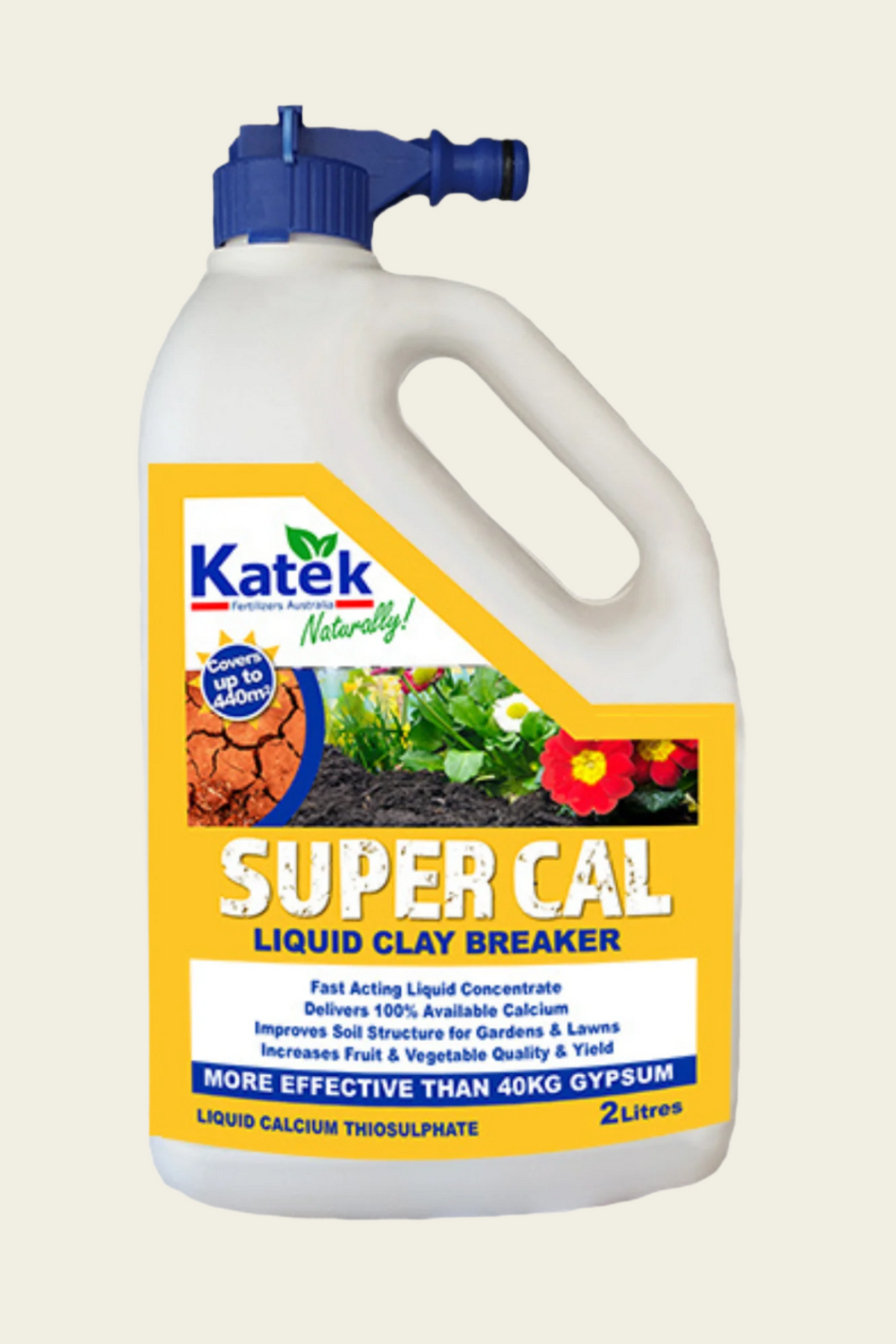 A 2L hose-on pack of Super Cal Liquid Claybreaker by Katek, featuring product information and branding on the label.