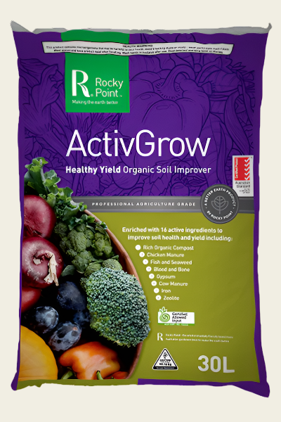 Rocky Point ActivGrow organic soil improver bag with vegetables on a white background