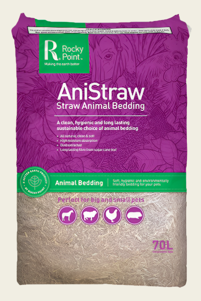 Bag of Rocky Point AniStraw straw animal bedding with purple and green packaging.