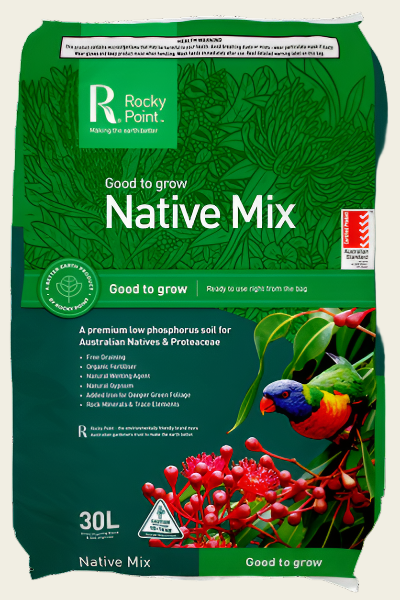 Bag of Rocky Point Native Mix soil with a colorful parrot on a green background