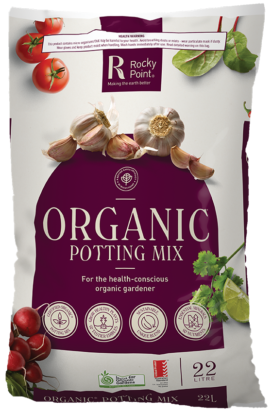 Rocky Point Organic Potting Mix packaging with garlic and tomatoes on a white background