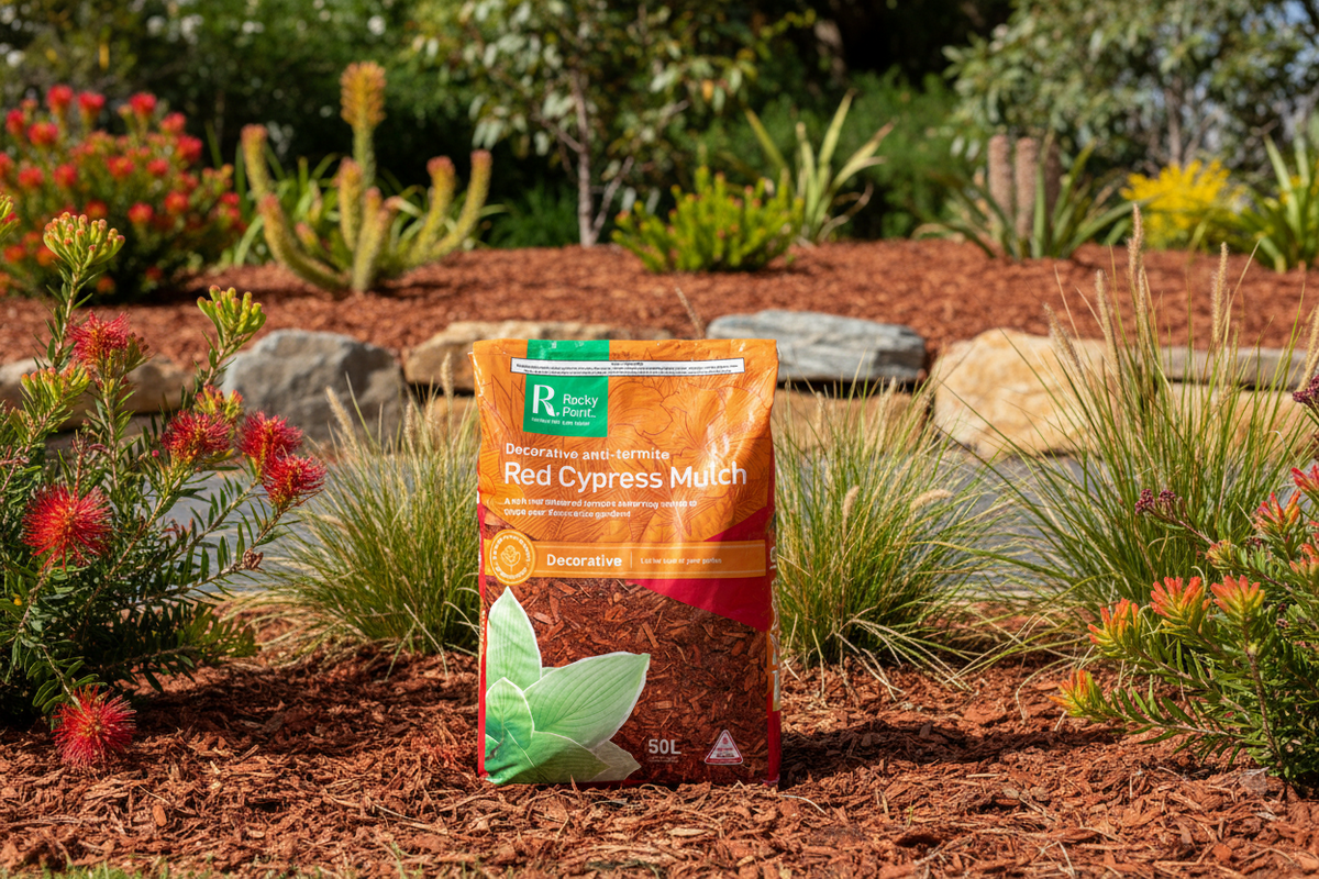 Bag of Red Cypress Mulch in a garden setting with plants and rocks.