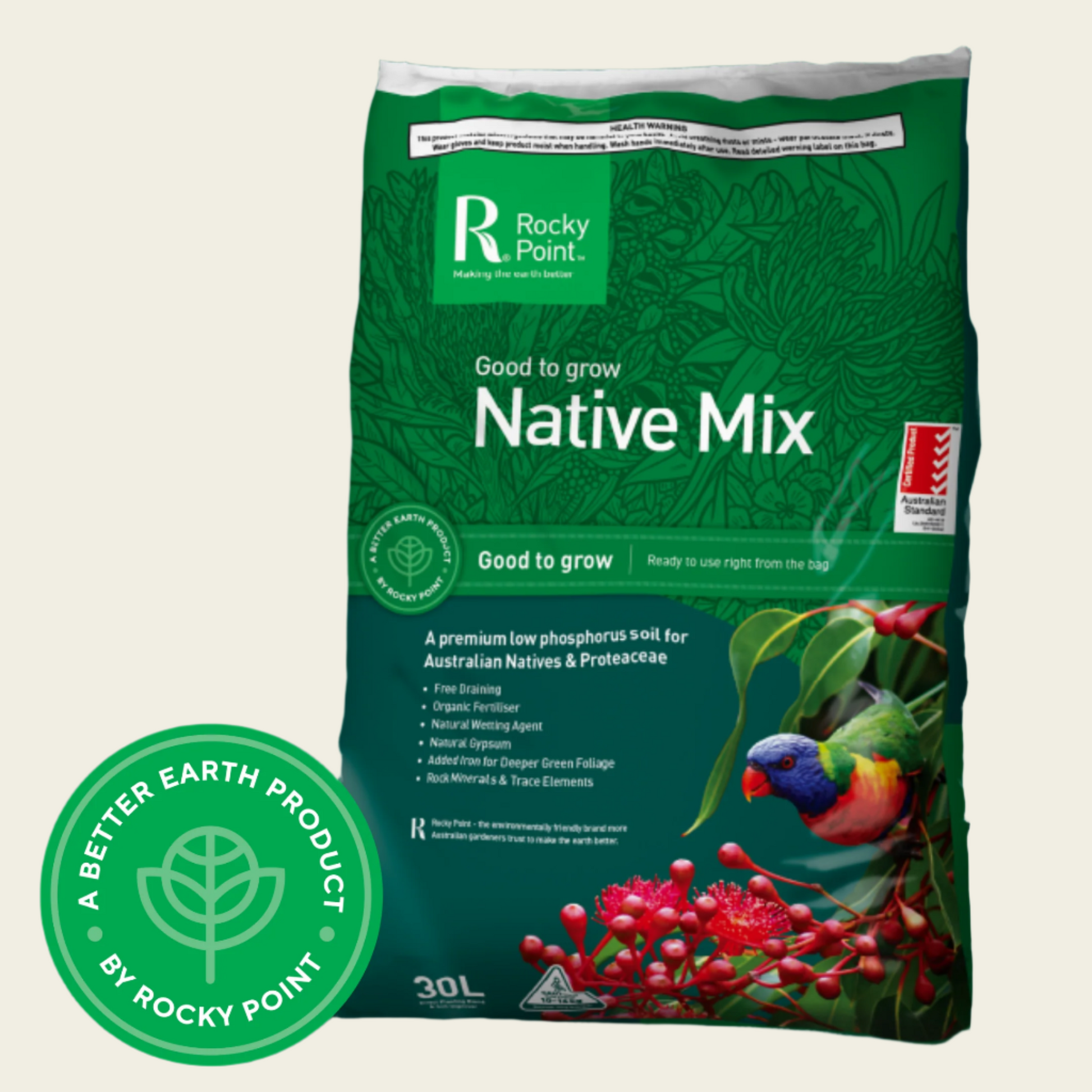 Rocky Point Native Mix soil package with a rainbow lorikeet and native plant illustration on a green background