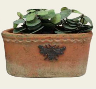 Two terracotta planters with bee designs on a white background