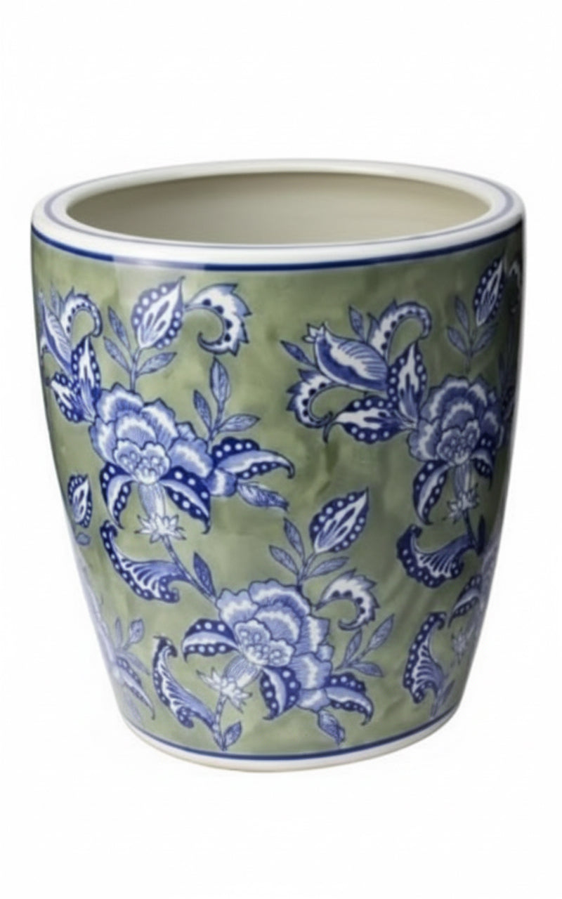 Sage Grey Floral Planter with Saucer – Medium