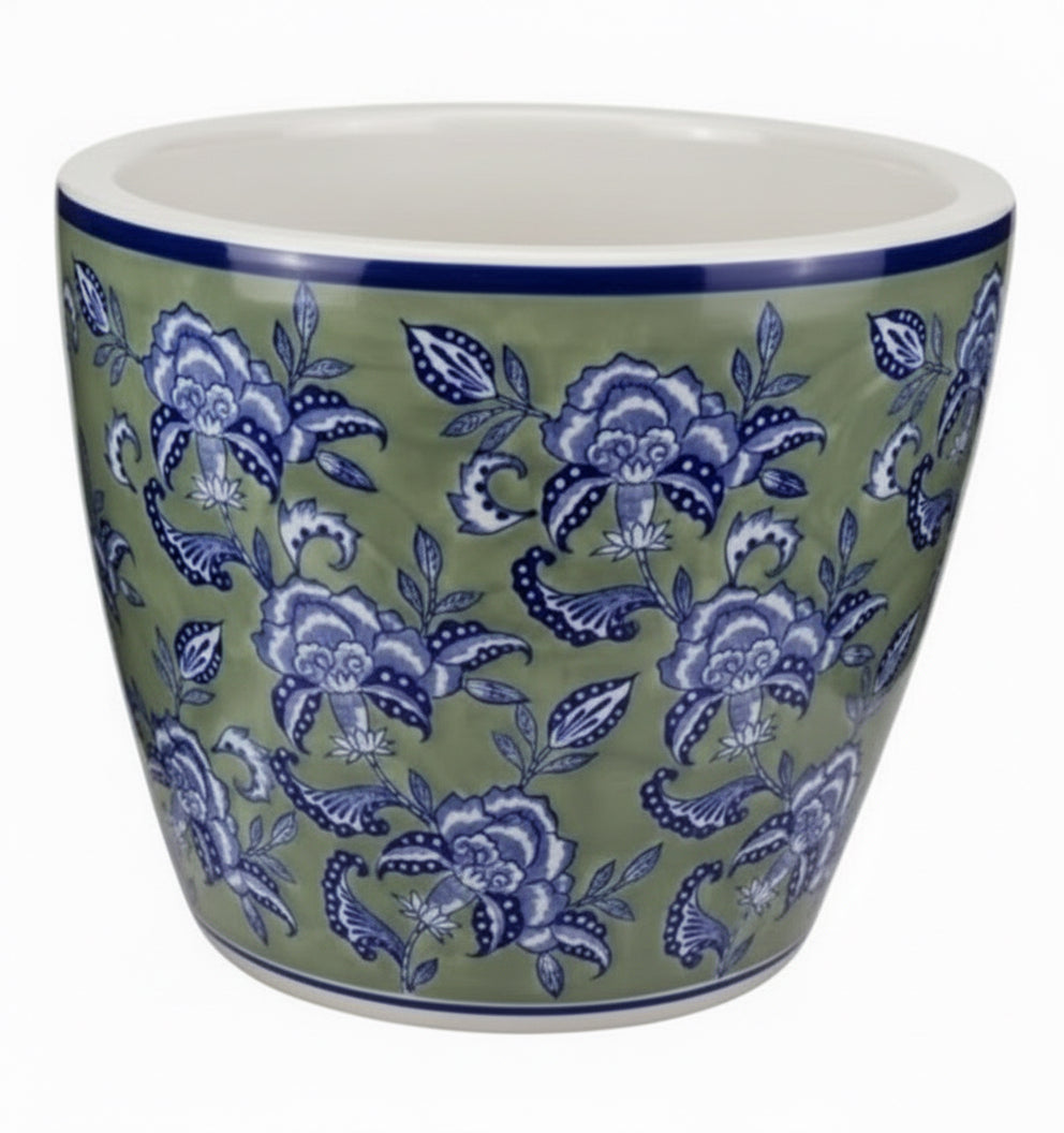 Sage Grey Floral Planter with Saucer – Extra Large