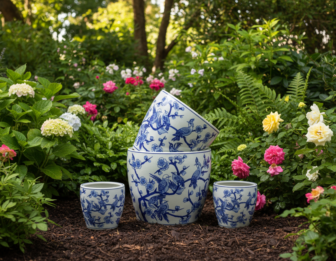 Terracotta Clayworks Small Round Pot with Saucer Springtime Blues