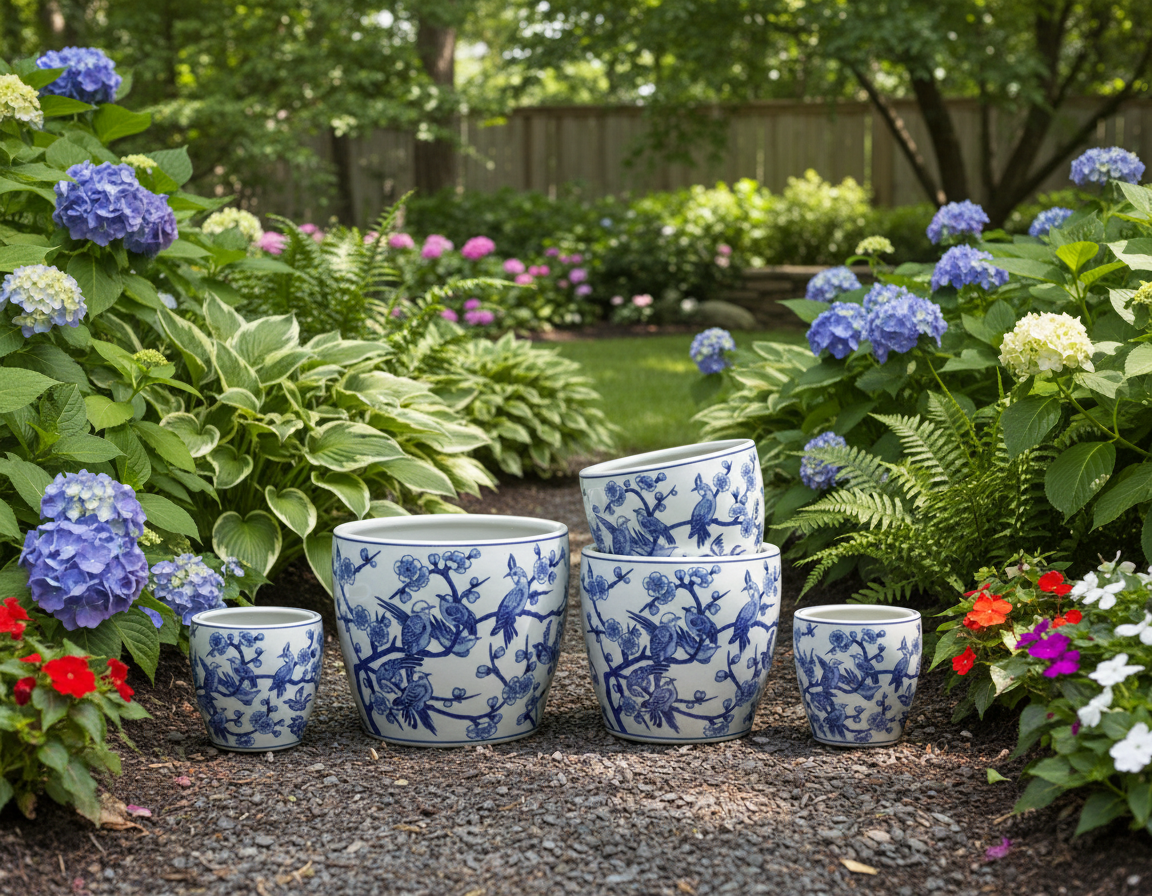 Terracotta Clayworks Large Round Pot with Saucer Springtime Blues