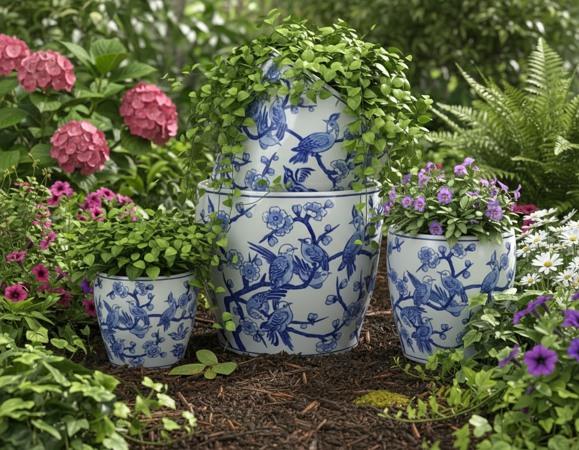 Terracotta Clayworks Medium Round Pot with Saucer Springtime Blues