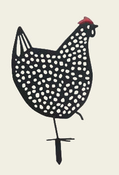Black and white chicken-shaped metal art on a white background
