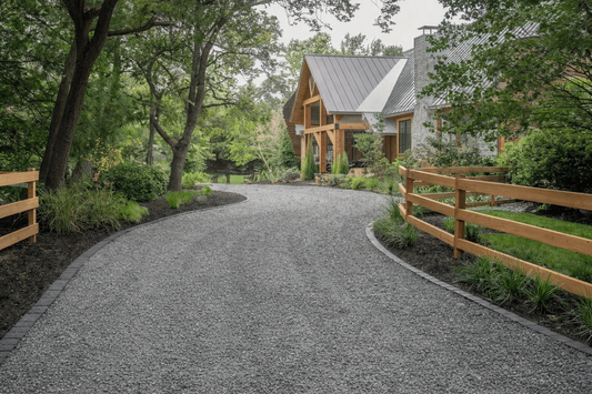 Grey road base driveway installed at a rural home, showing compacted gravel base suitable for driveways and paths