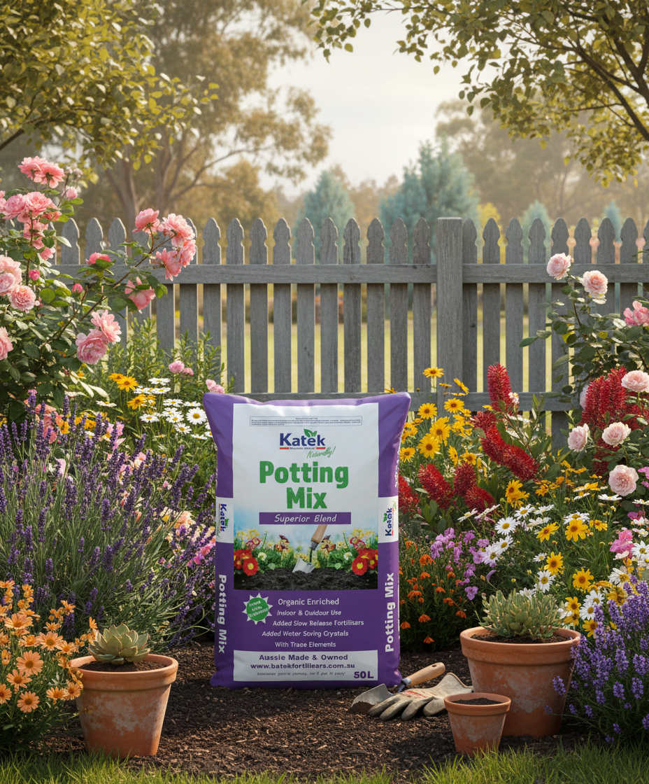 Katek Potting Mix bag in a garden setting with flowers and plants.