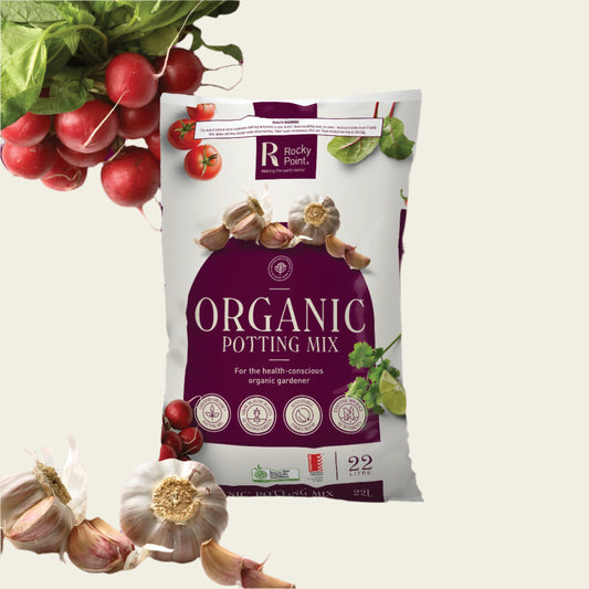 Rocky Point Organic Potting Mix packaging with garlic and radishes on a purple background