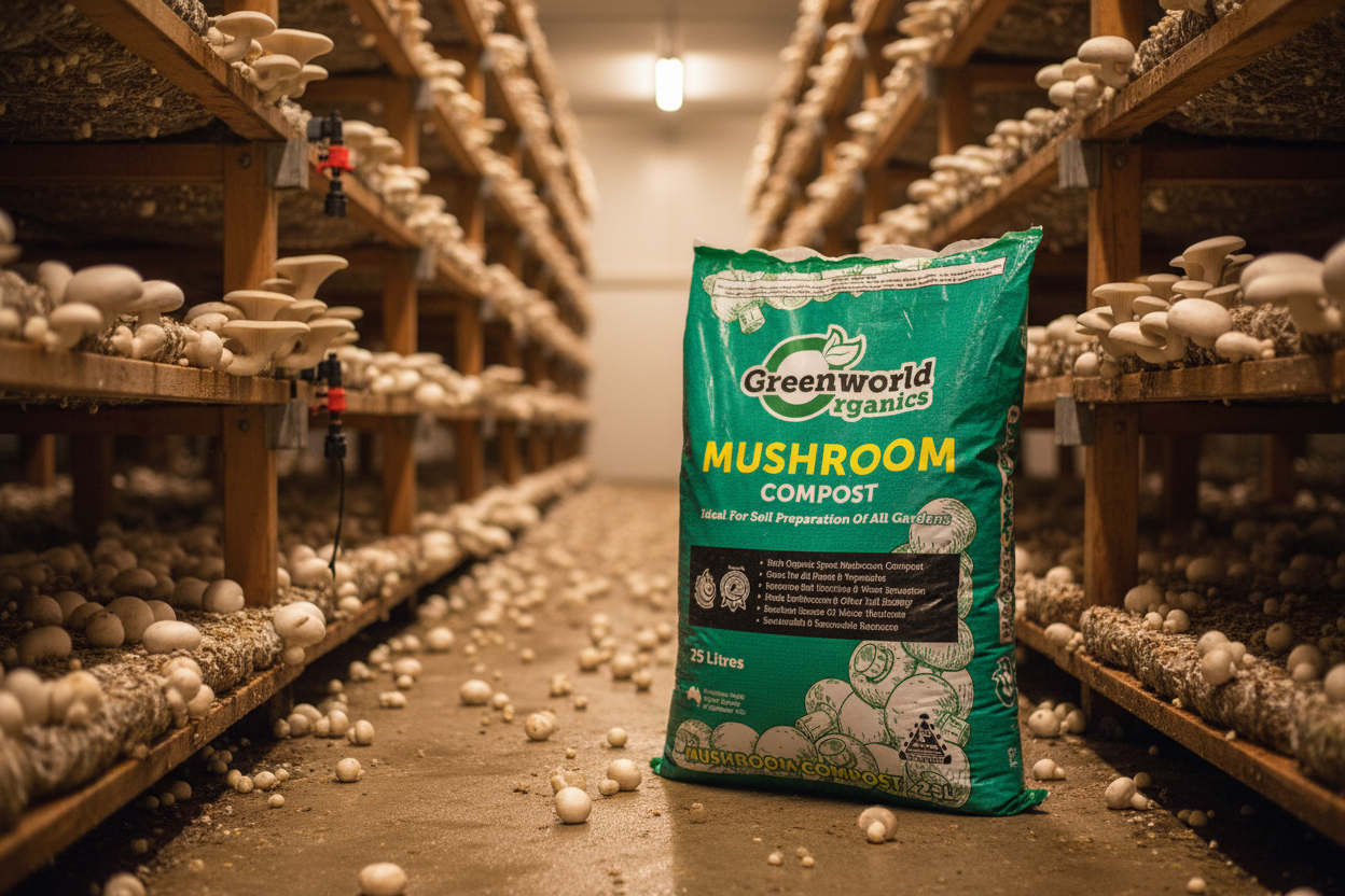 Greenworld Organics Mushroom Compost packaging on a beige background