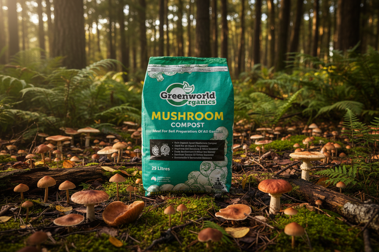 Greenworld Organics Mushroom Compost package in a forest setting with mushrooms around