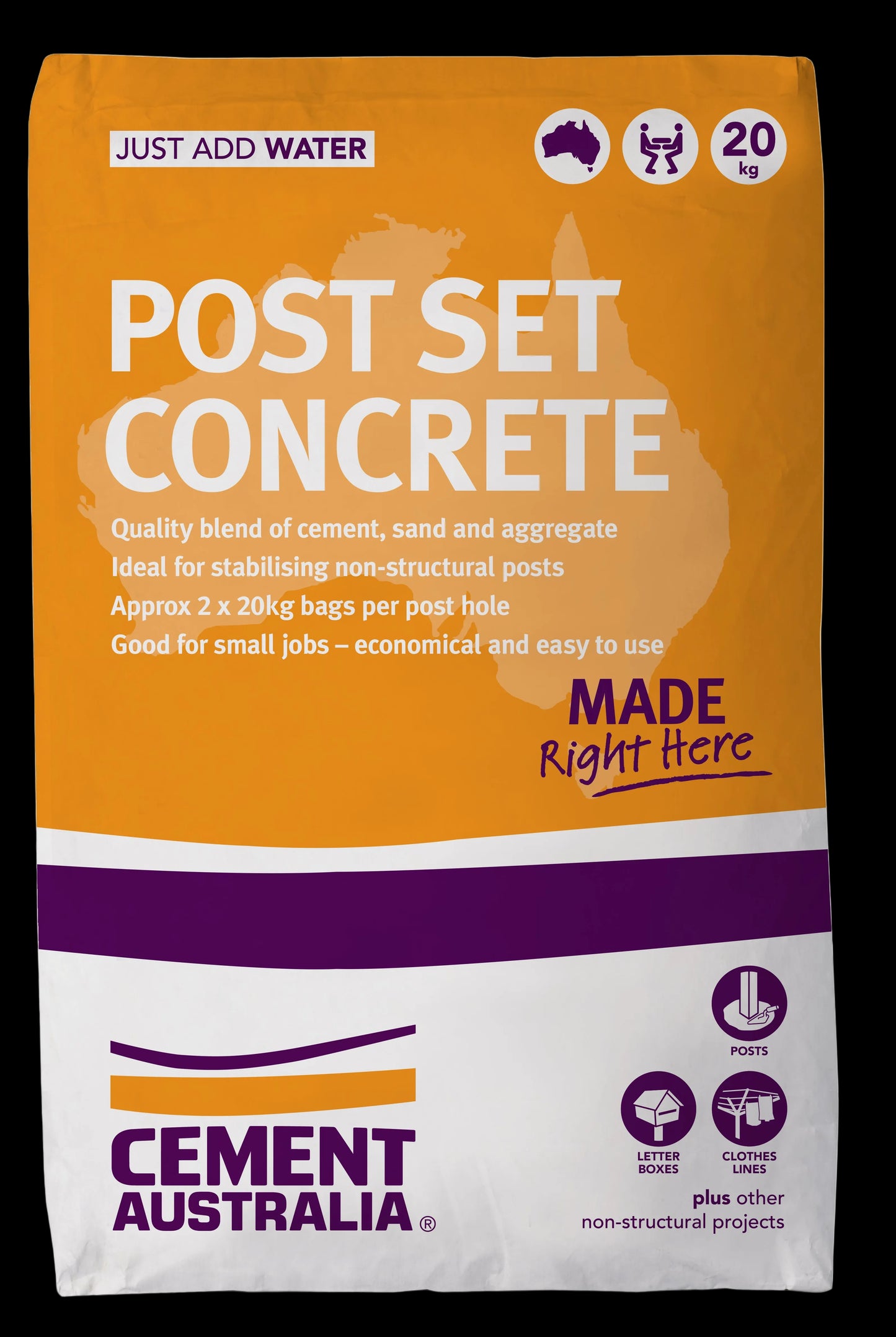 Cement Australia Post Set Concrete 20kg bag, Australian made
