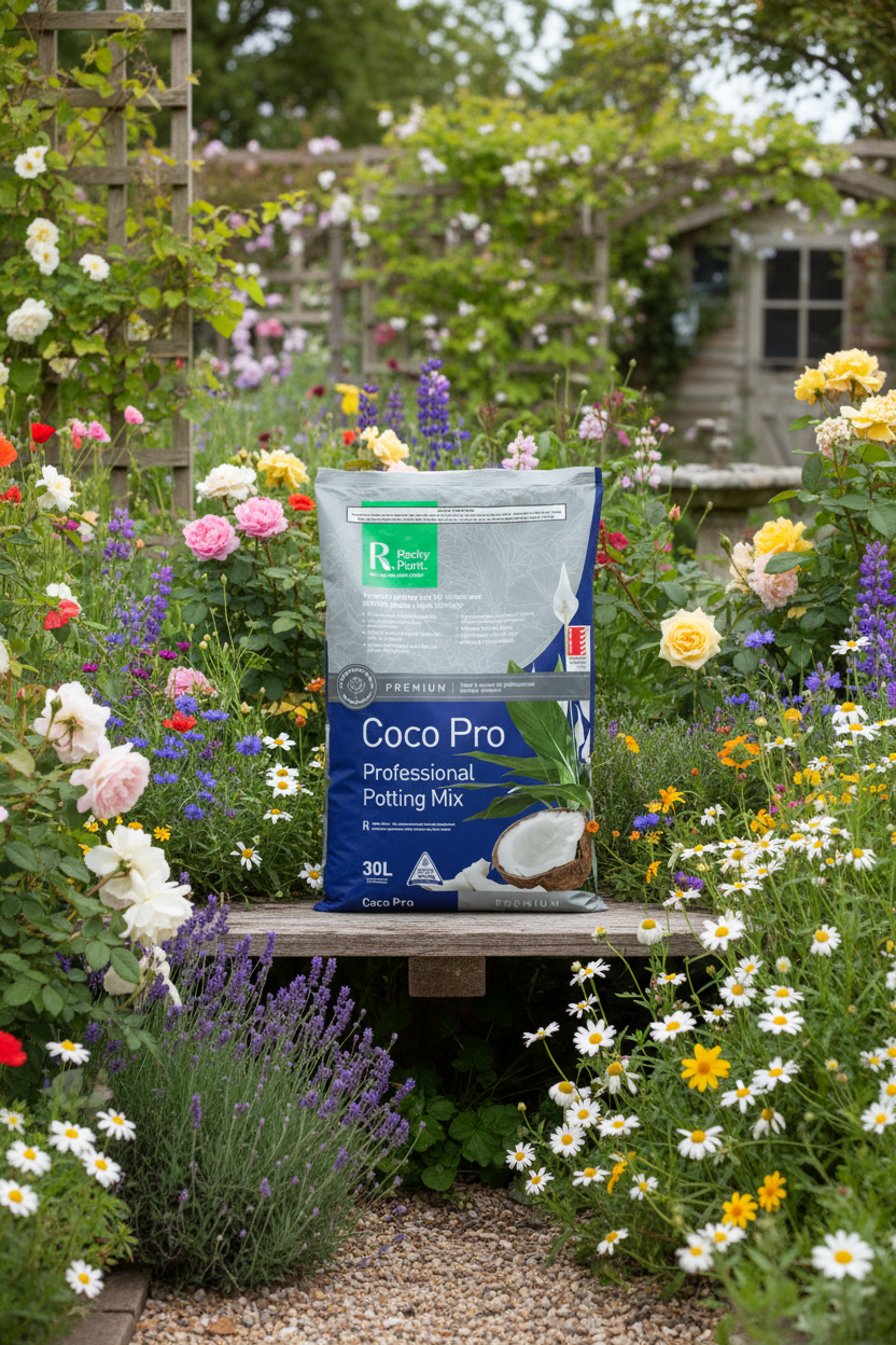 Coco Pro potting mix bag in a garden setting with flowers and plants.