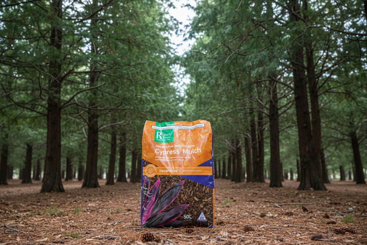 Bag of Cyrenaic Muck fertilizer in a forest setting