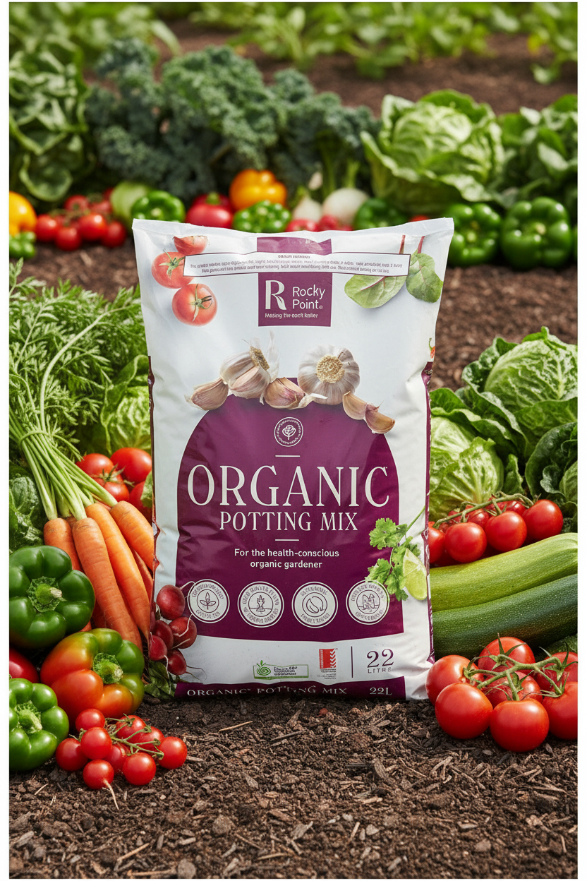 Bag of organic potting mix surrounded by fresh vegetables in a garden setting