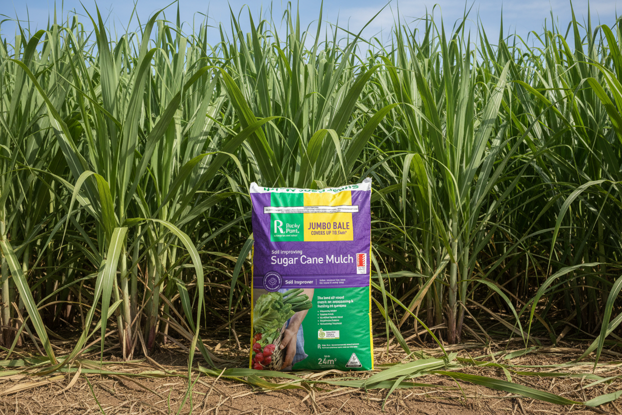 Bag of Sugar Cane Mulch in front of a sugar cane field