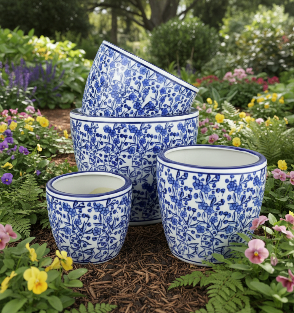 Set of blue and white floral-patterned ceramic pots on a light background