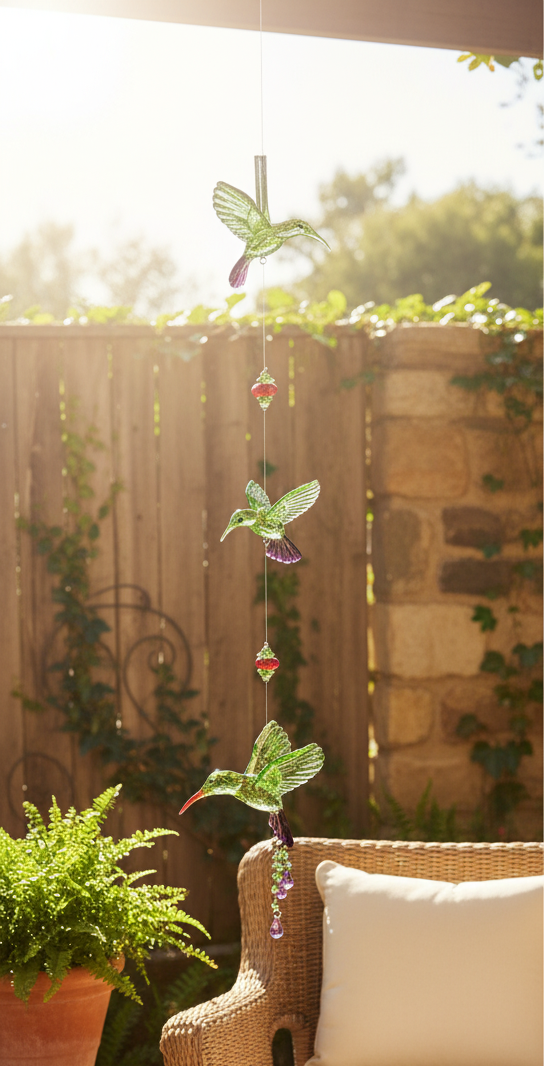 Green hummingbird-shaped ornament with purple accents on a white background
