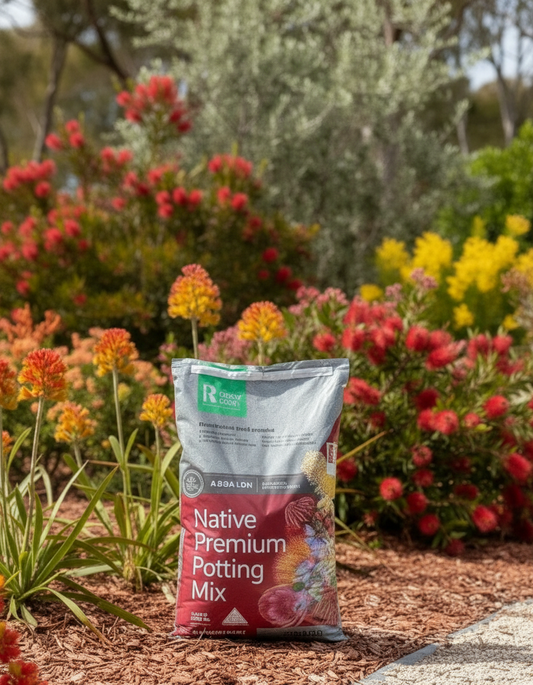 Bag of Native Premium Potting Mix in a garden setting with flowers in the background