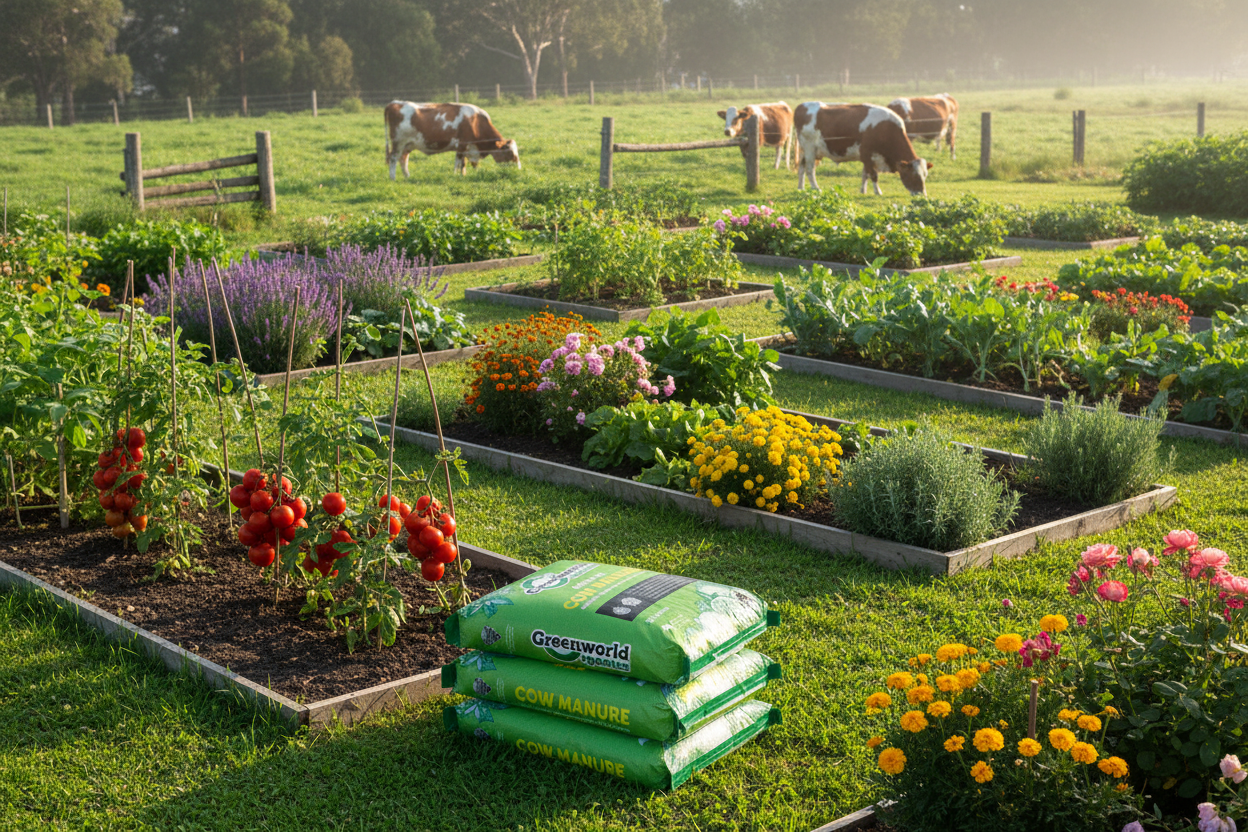 Vegetable garden with raised beds and Greenworld fertilizer bags, cows grazing in the background.