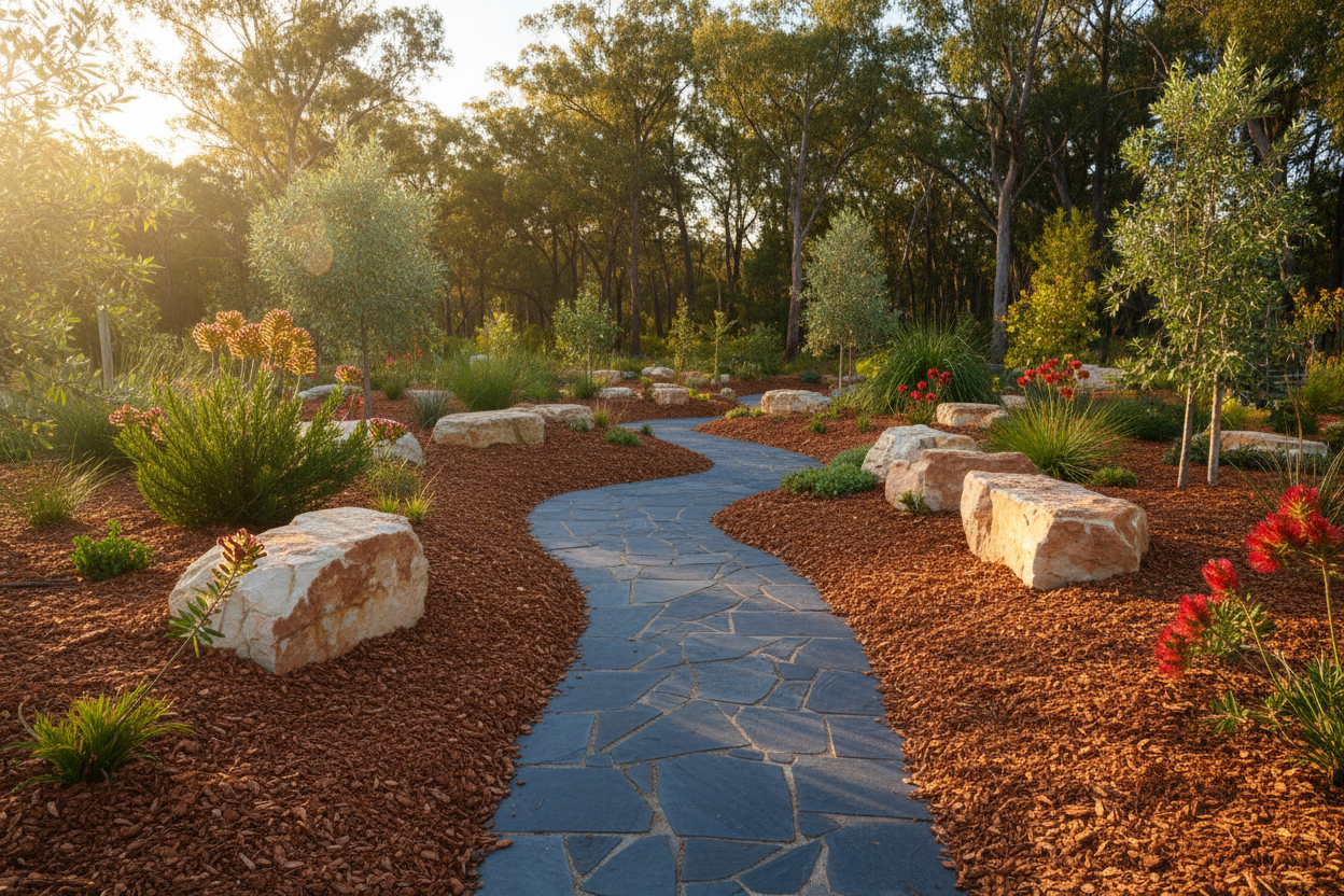 Create an image of an aussie landscape using most of our excisting product range. Eg cypress mulch, sandstone rocks, bluestone pavers