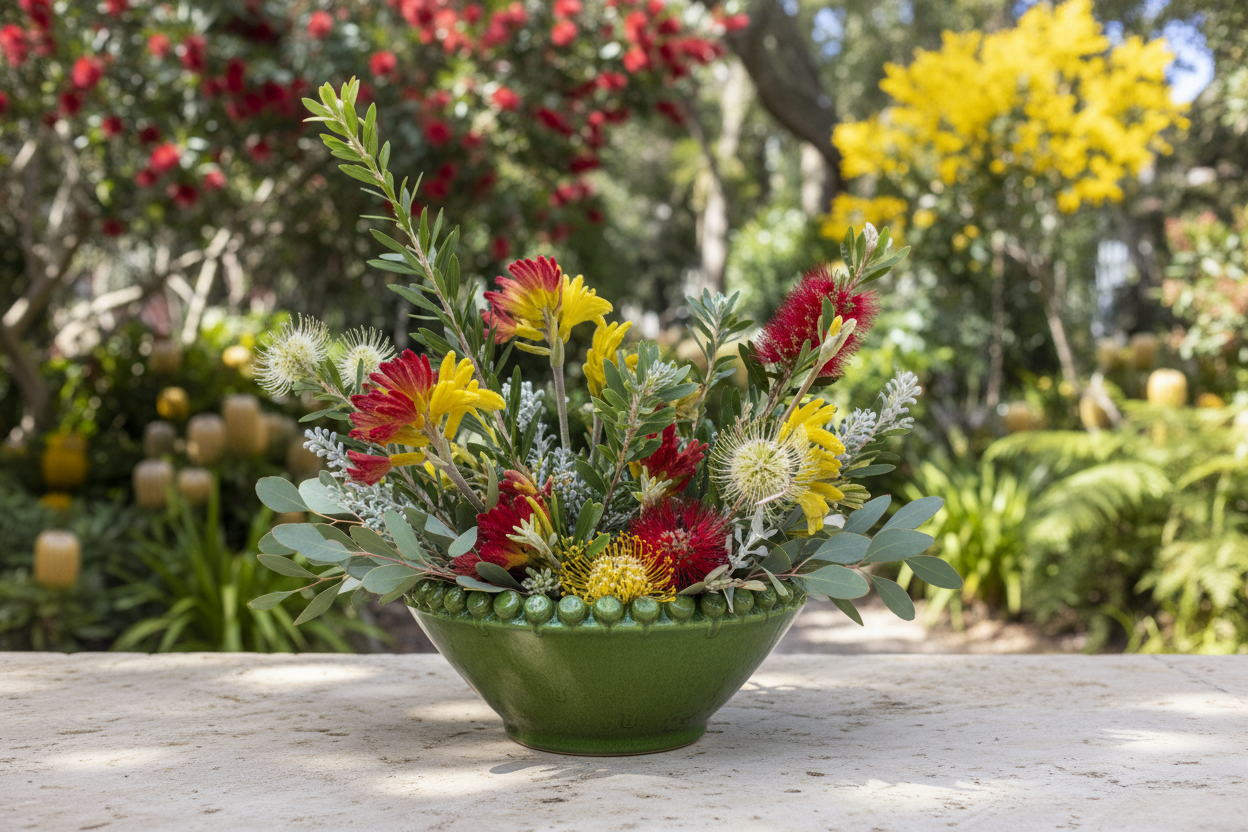 Bouquet of flowers in a green bowl on a wooden table with a garden background