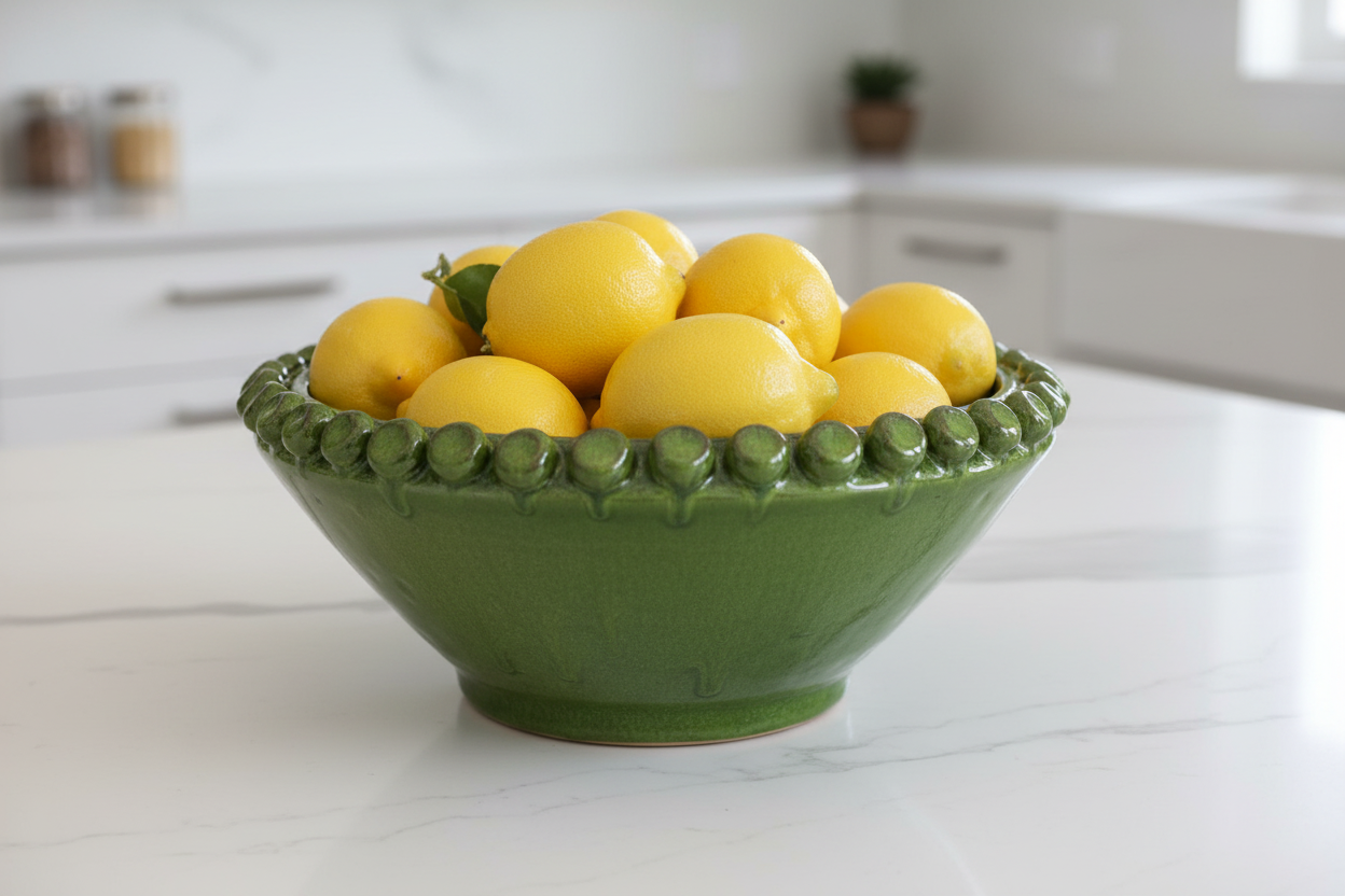 Green ceramic bowl filled with lemons on a kitchen counter