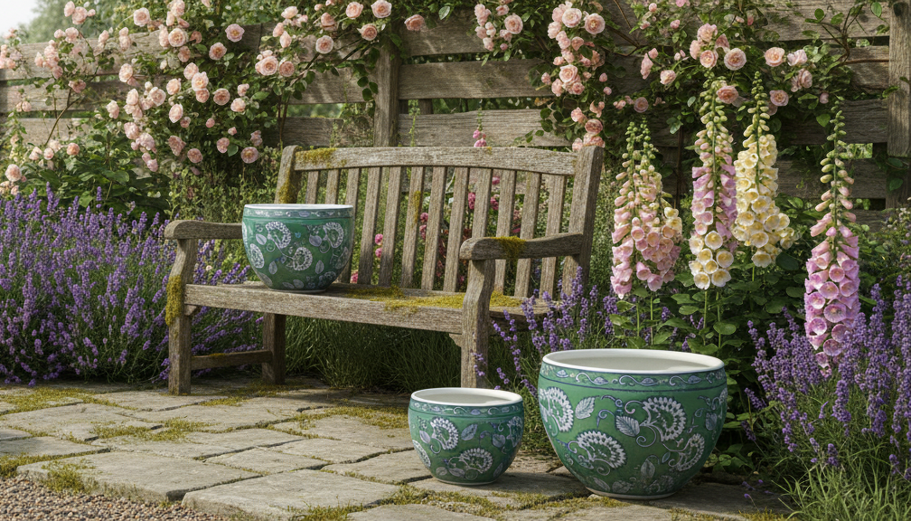 Wooden bench with floral arrangements and decorative pots in a garden setting.