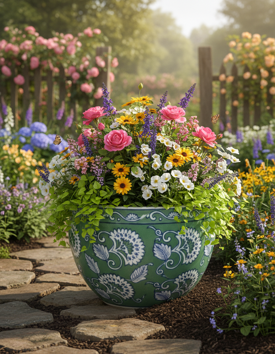 Set of four green ceramic bowls with white floral patterns on a white background