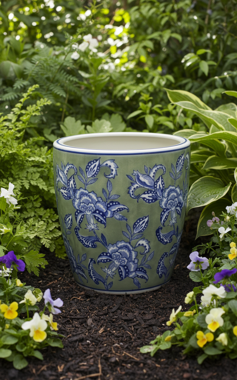 Sage Grey Floral Planter with Saucer – Medium