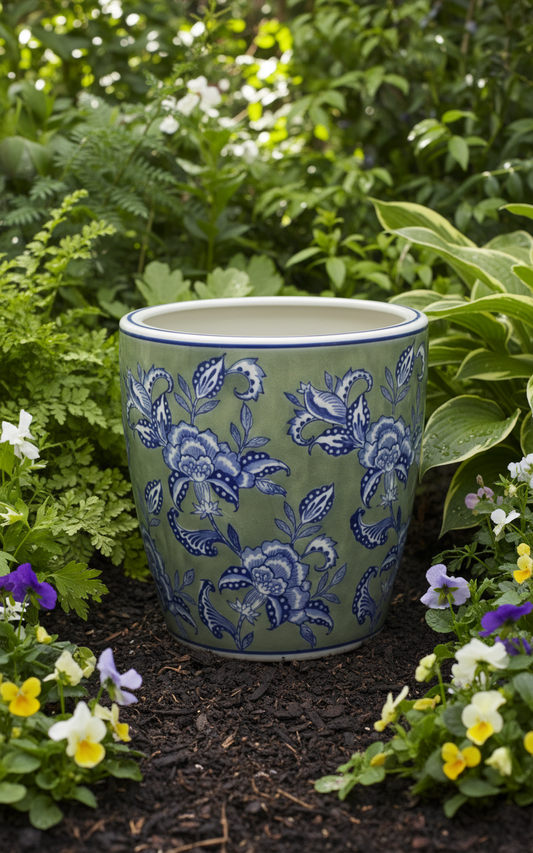 Sage Grey Floral Planter with Saucer – Medium