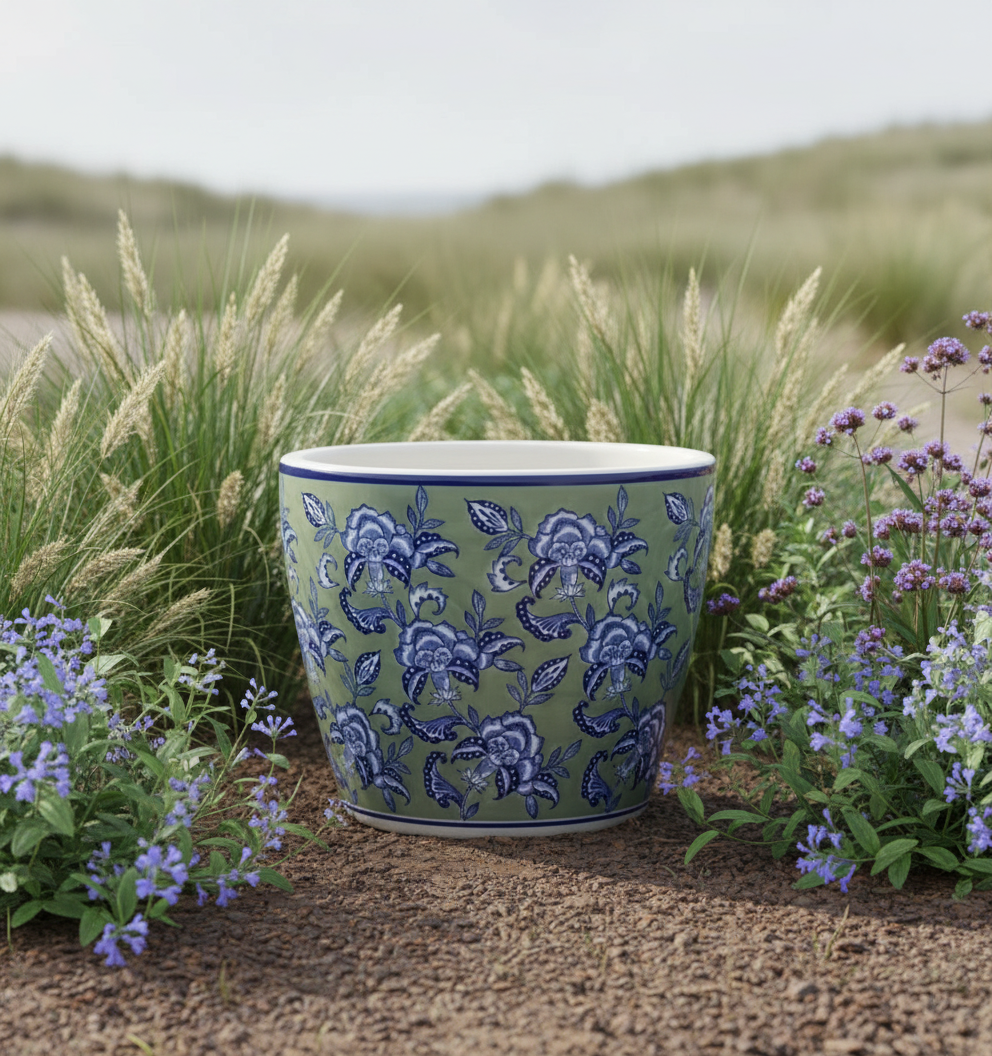 Sage Grey Floral Planter with Saucer – Extra Large