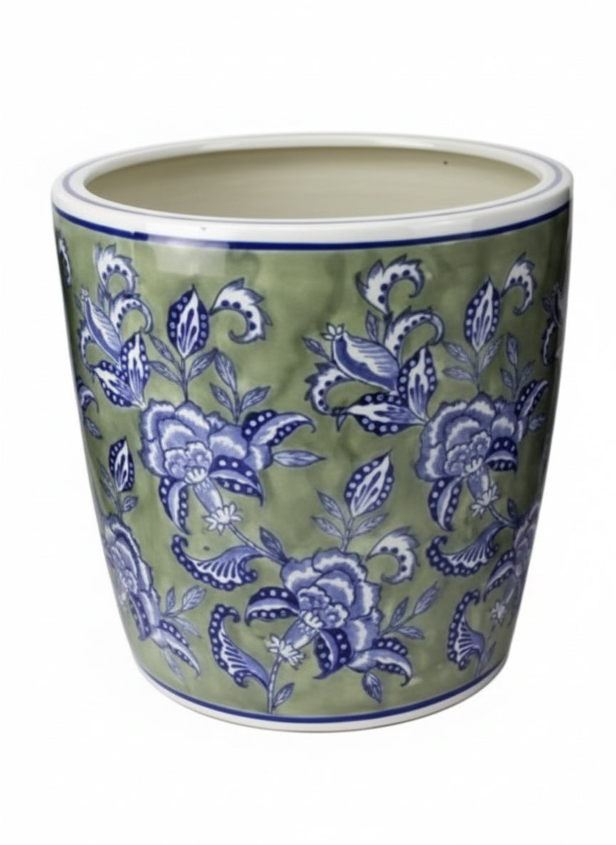 Sage Grey Floral Planter with Saucer – Large