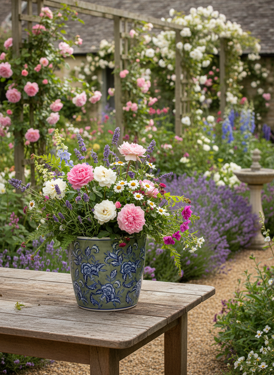 Sage Grey Floral Planter with Saucer – Large