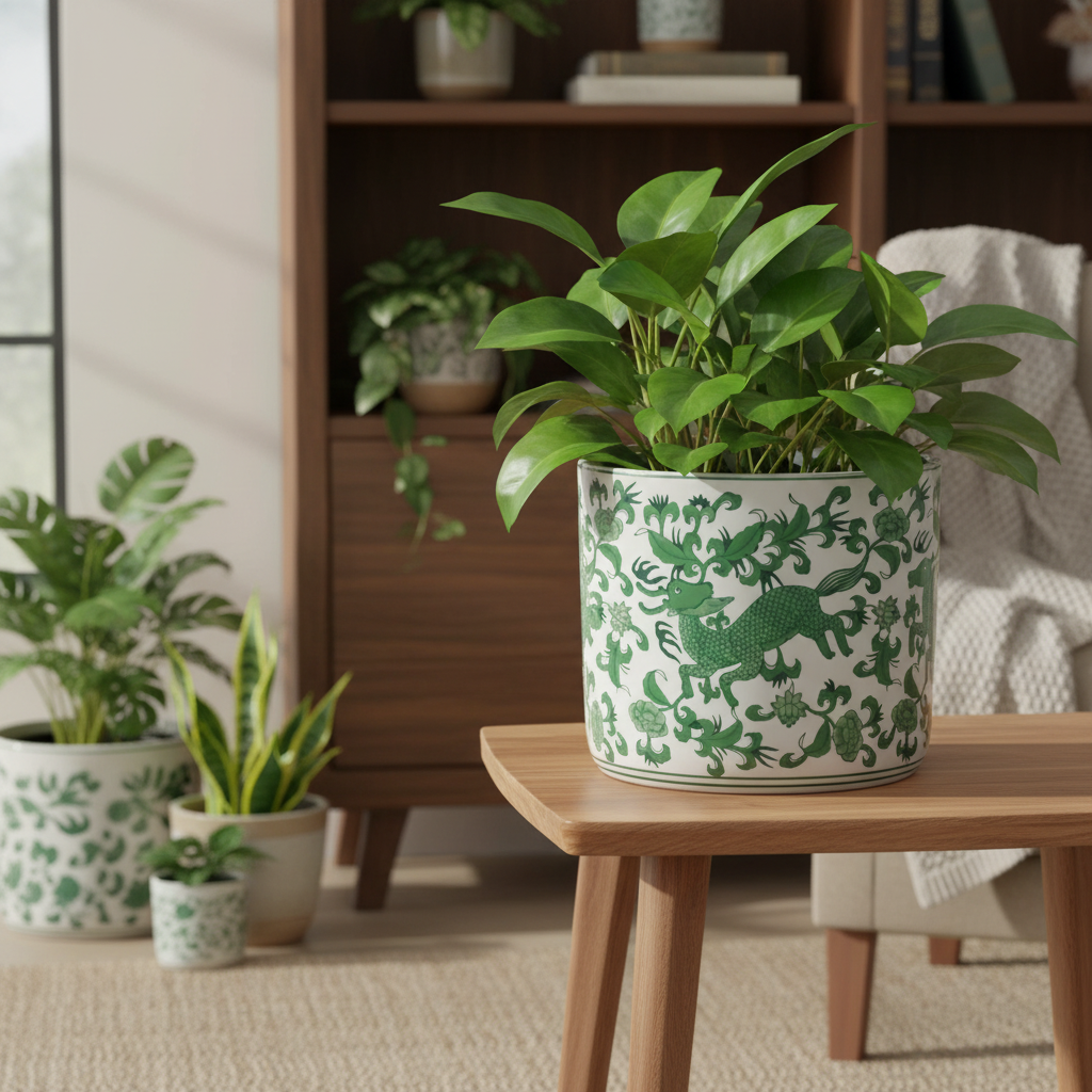 Decorative plant pot with green animal design on a wooden table in a room with other plants.