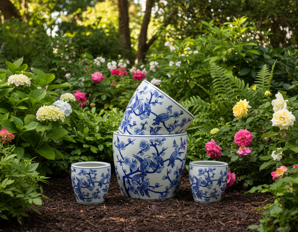 Small Round Pot with Saucer - Springtime Blues — Garden P... – Burrum ...