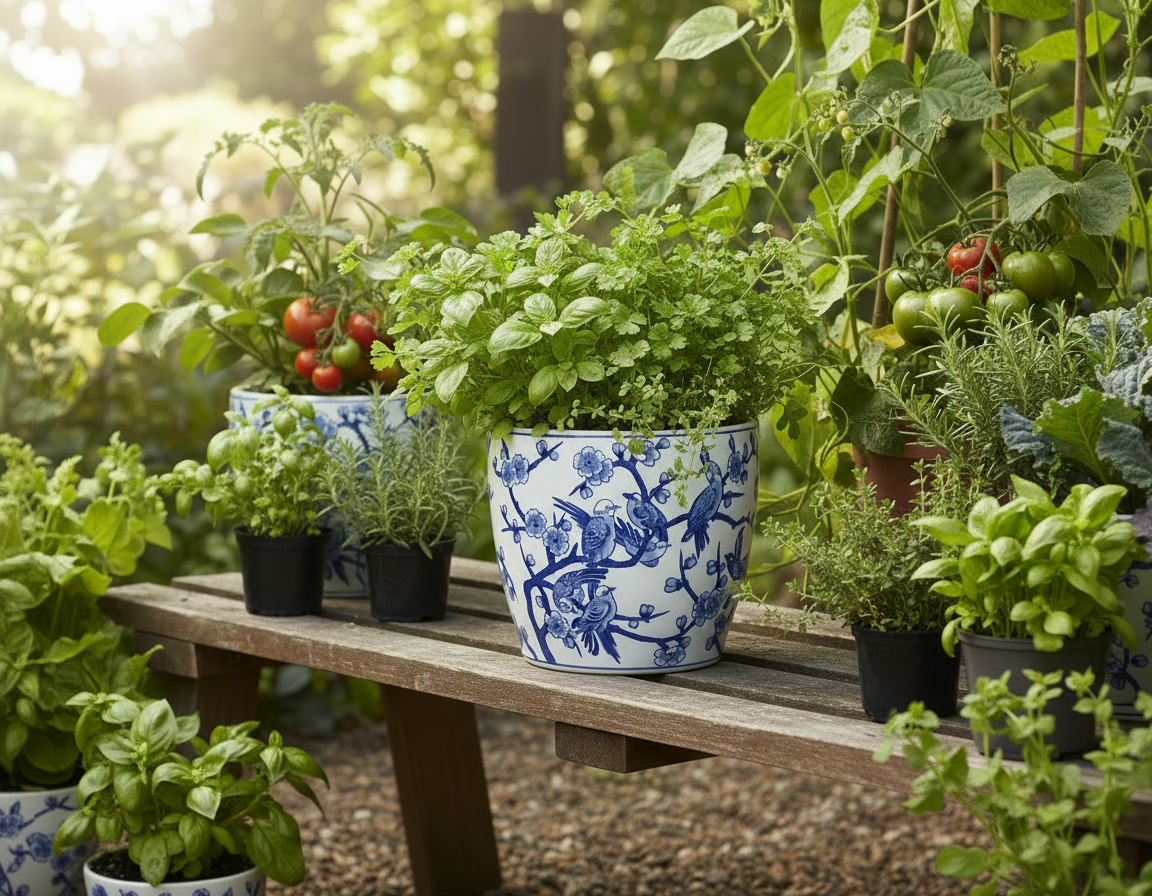 Extra Large Round Pot with Saucer - Springtime Blues