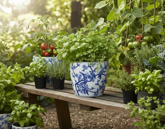 Extra Large Round Pot with Saucer - Springtime Blues