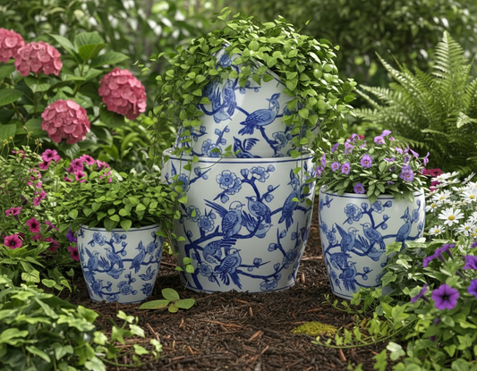 Medium Round Pot with Saucer - Springtime Blues