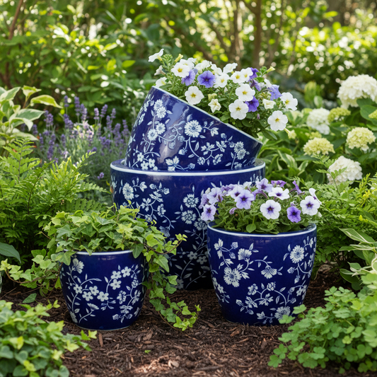 Small Round Pot with Saucer - Royal Daisy