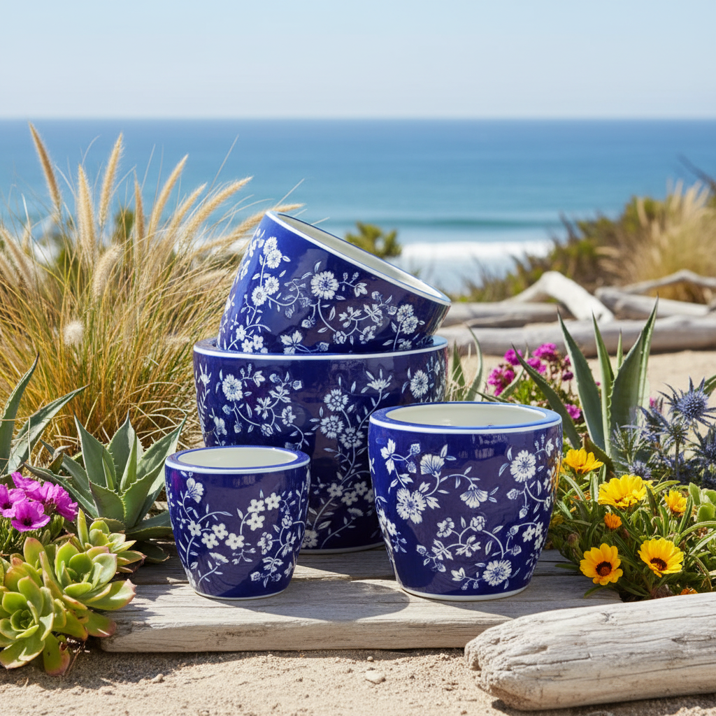 Medium Round Pot with Saucer - Royal Daisy