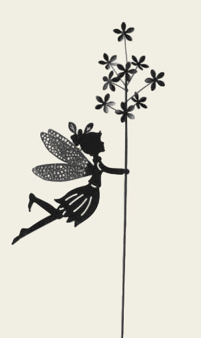 Black silhouette of a fairy and flowers on a white background